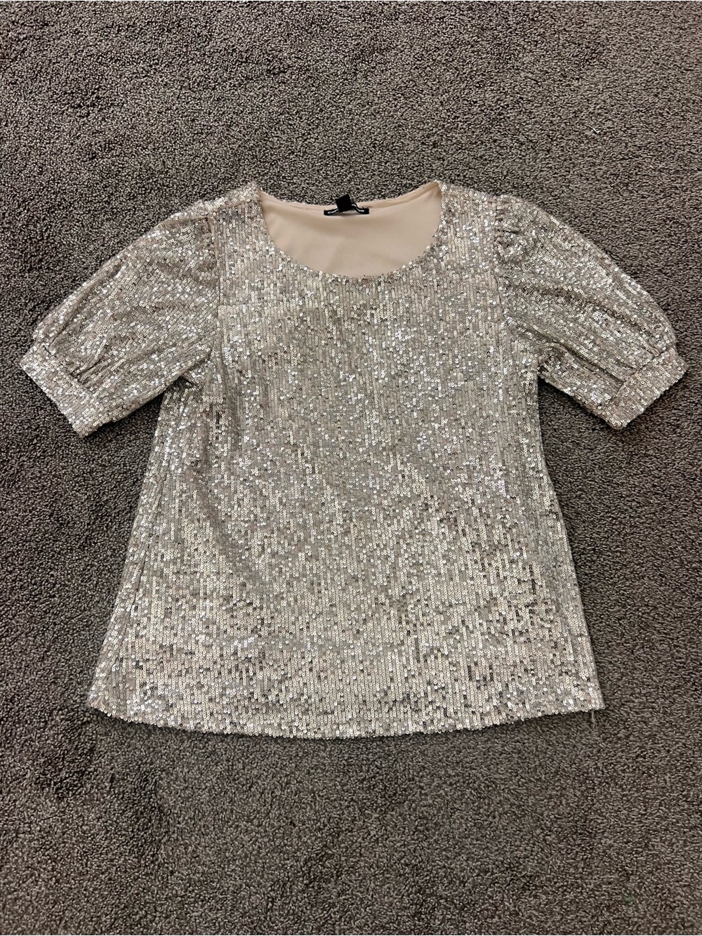 Cable & Gauge Sequin Puff-Sleeve Top in Chapmange/Silver S EUC